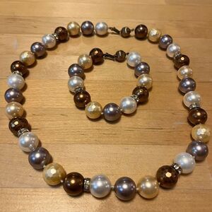 Multicolored Costume Freshwater Pearl Necklace Bracelet Set Clear Rhinestones